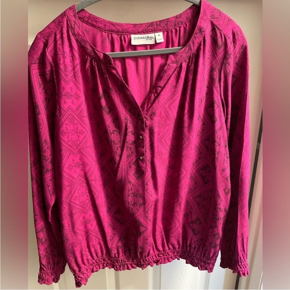 EUC St.John's Bay Women's Raspberry Blouse Floral LS V Neck Elastic Waist - Picture 6 of 7